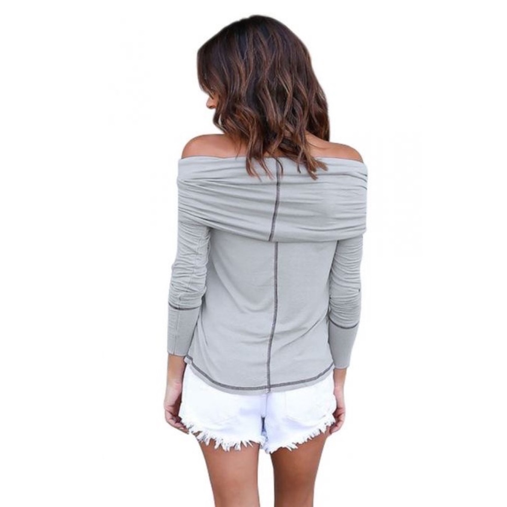 Fold Over Cowl Neck Off Shoulder Contrast Stitching Knit Top - Picture 5 of 6